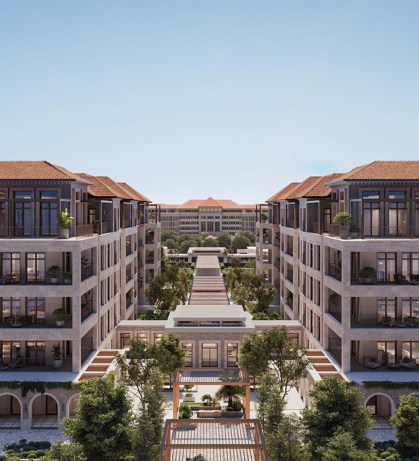 Aerial view of Nawayef Park Views on Hudayriyat Island, showcasing Mediterranean-style architecture and lush green surroundings